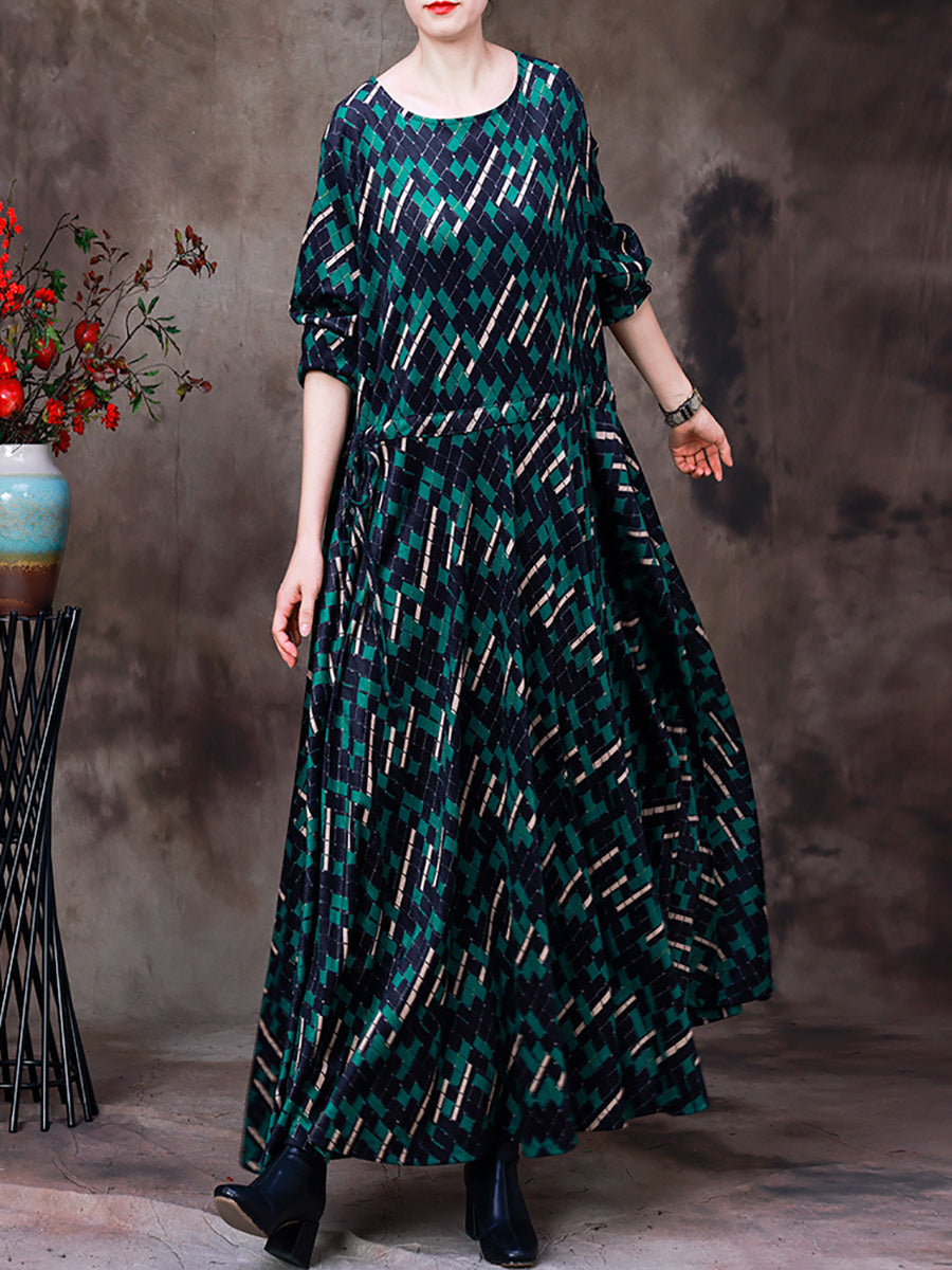 Robe longue à carreaux irréguliers vintage pour femmes de grande taille avec ourlet large