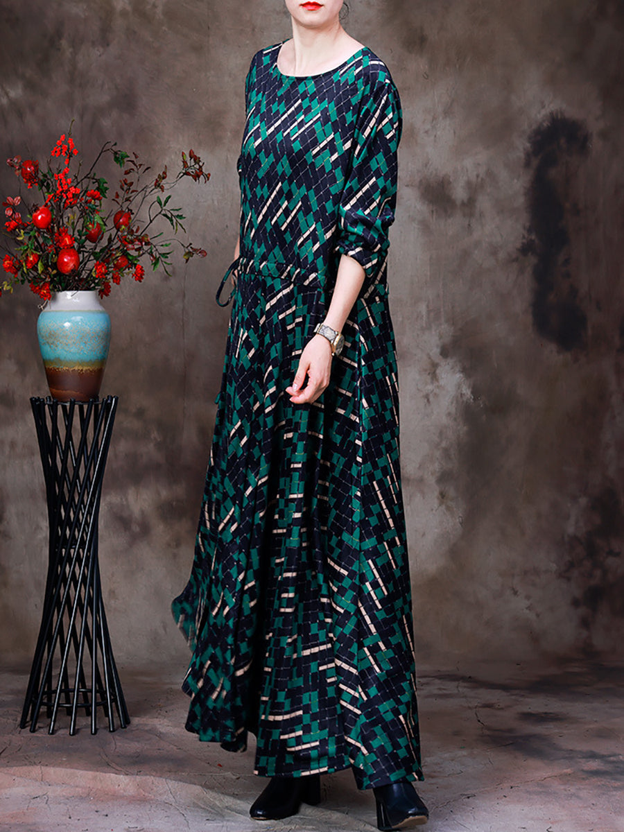 Robe longue à carreaux irréguliers vintage pour femmes de grande taille avec ourlet large