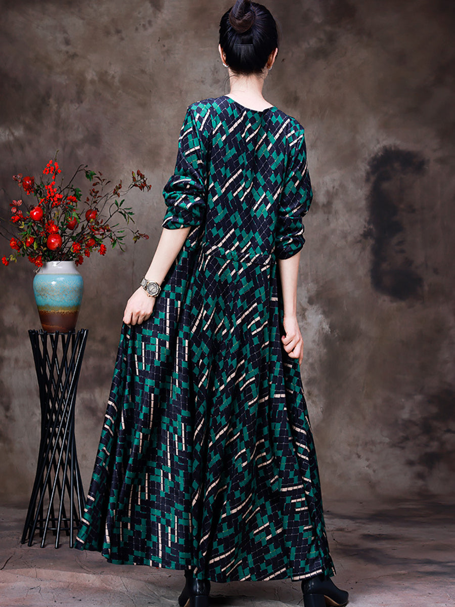 Robe longue à carreaux irréguliers vintage pour femmes de grande taille avec ourlet large