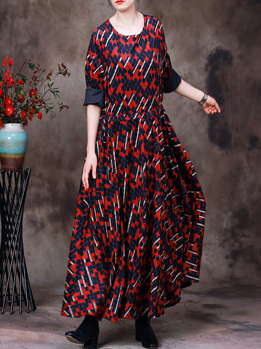 Robe longue à carreaux irréguliers vintage pour femmes de grande taille avec ourlet large