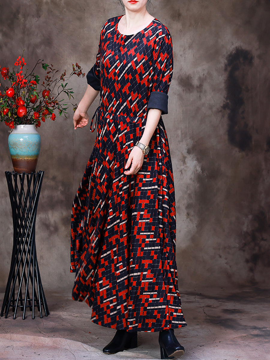 Robe longue à carreaux irréguliers vintage pour femmes de grande taille avec ourlet large