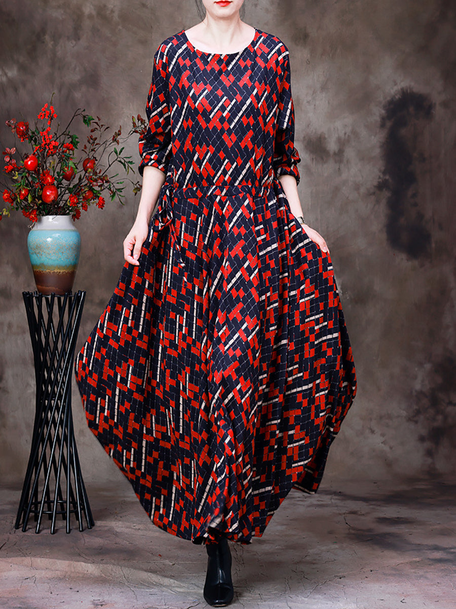 Robe longue à carreaux irréguliers vintage pour femmes de grande taille avec ourlet large