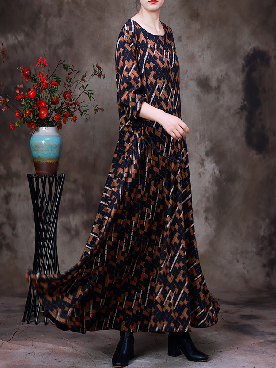 Robe longue à carreaux irréguliers vintage pour femmes de grande taille avec ourlet large