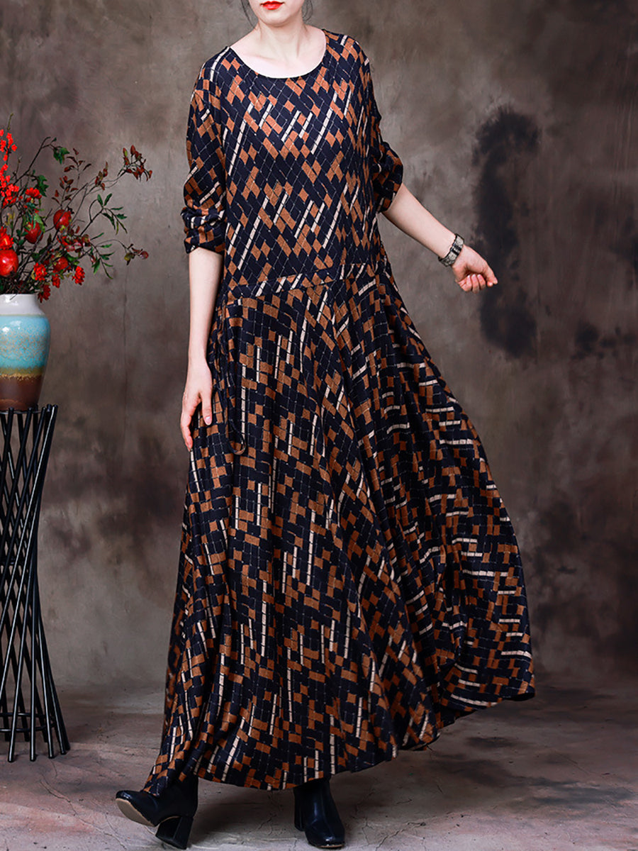 Robe longue à carreaux irréguliers vintage pour femmes de grande taille avec ourlet large