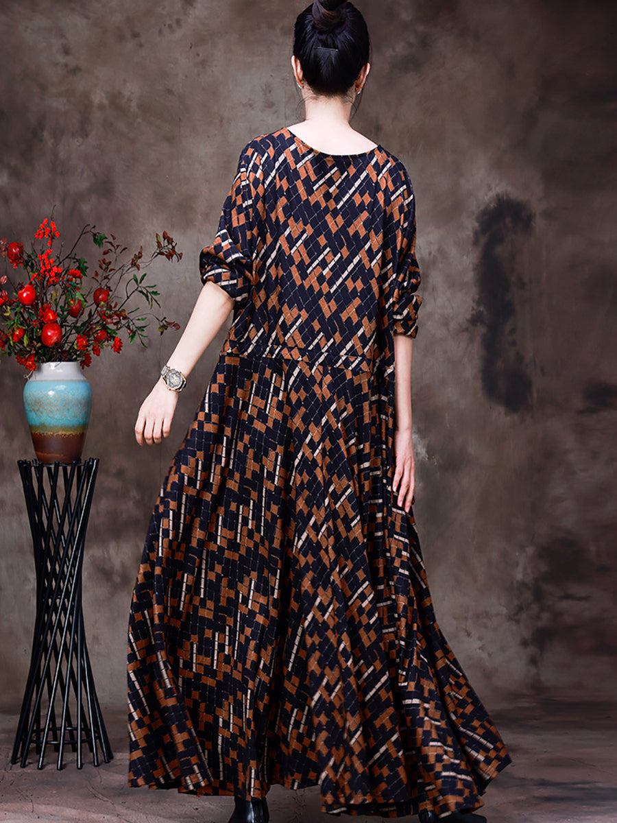 Robe longue à carreaux irréguliers vintage pour femmes de grande taille avec ourlet large