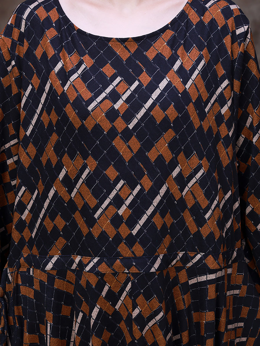 Robe longue à carreaux irréguliers vintage pour femmes de grande taille avec ourlet large