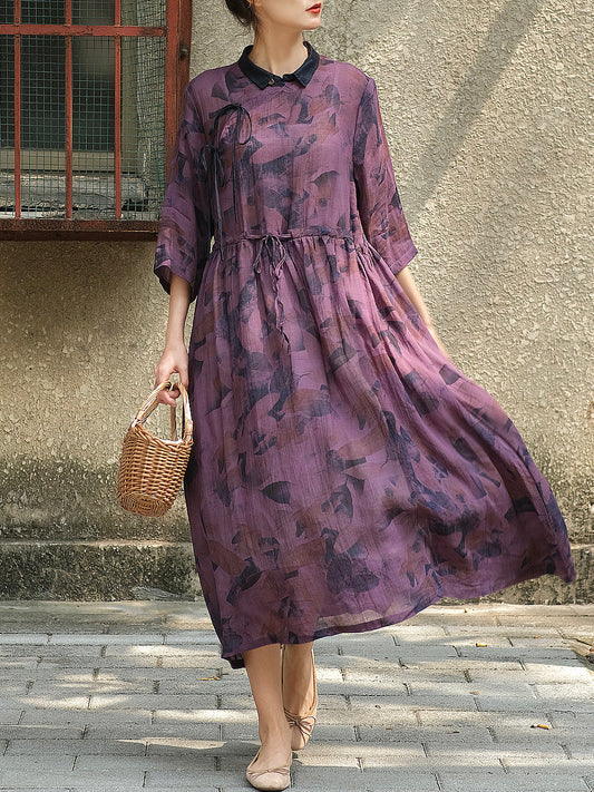 Lockeres Kleid im chinesischen Stil mit Kordelzug und Aufdruck für Damen in Übergröße
