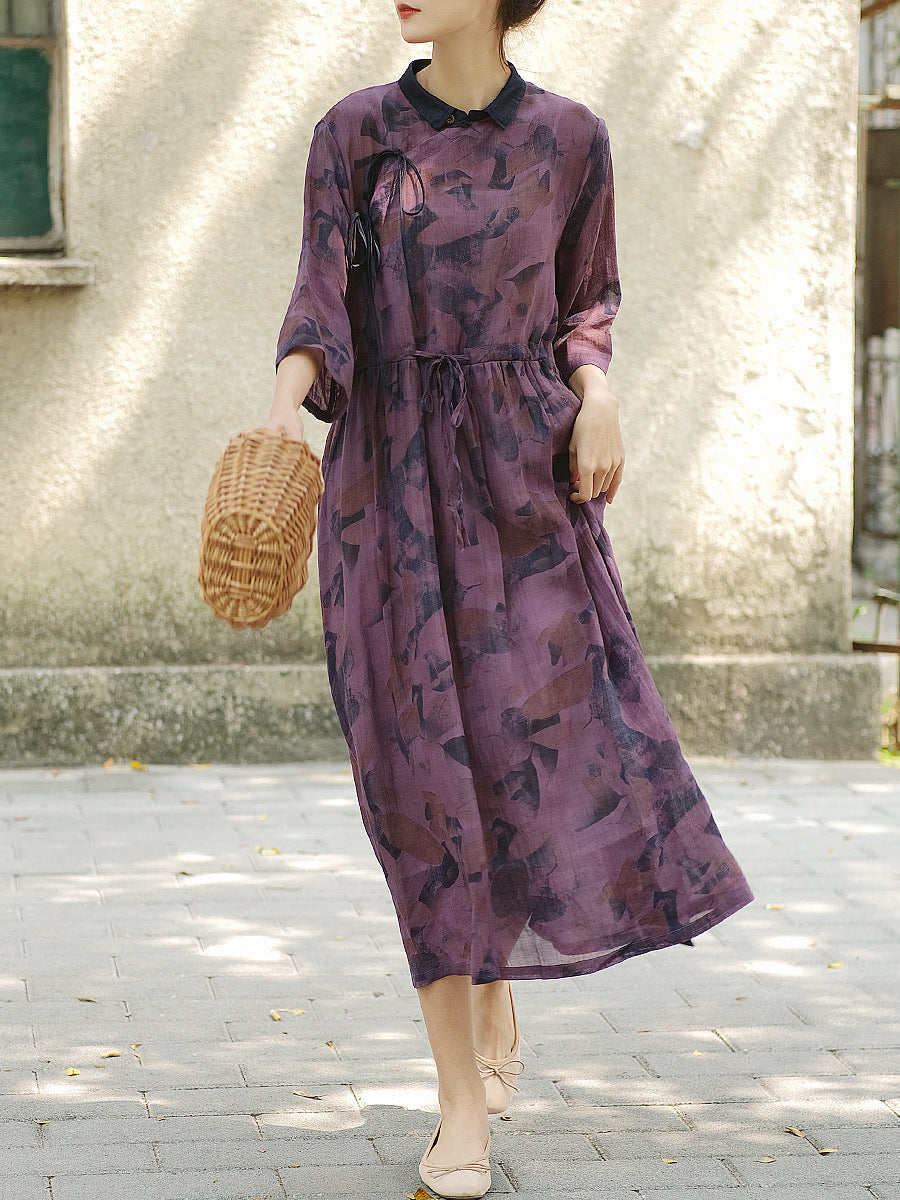 Lockeres Kleid im chinesischen Stil mit Kordelzug und Aufdruck für Damen in Übergröße