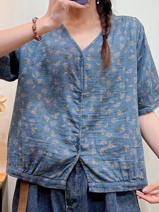 Übergröße Damen Sommer Blumen lässig Knopf lose Bluse