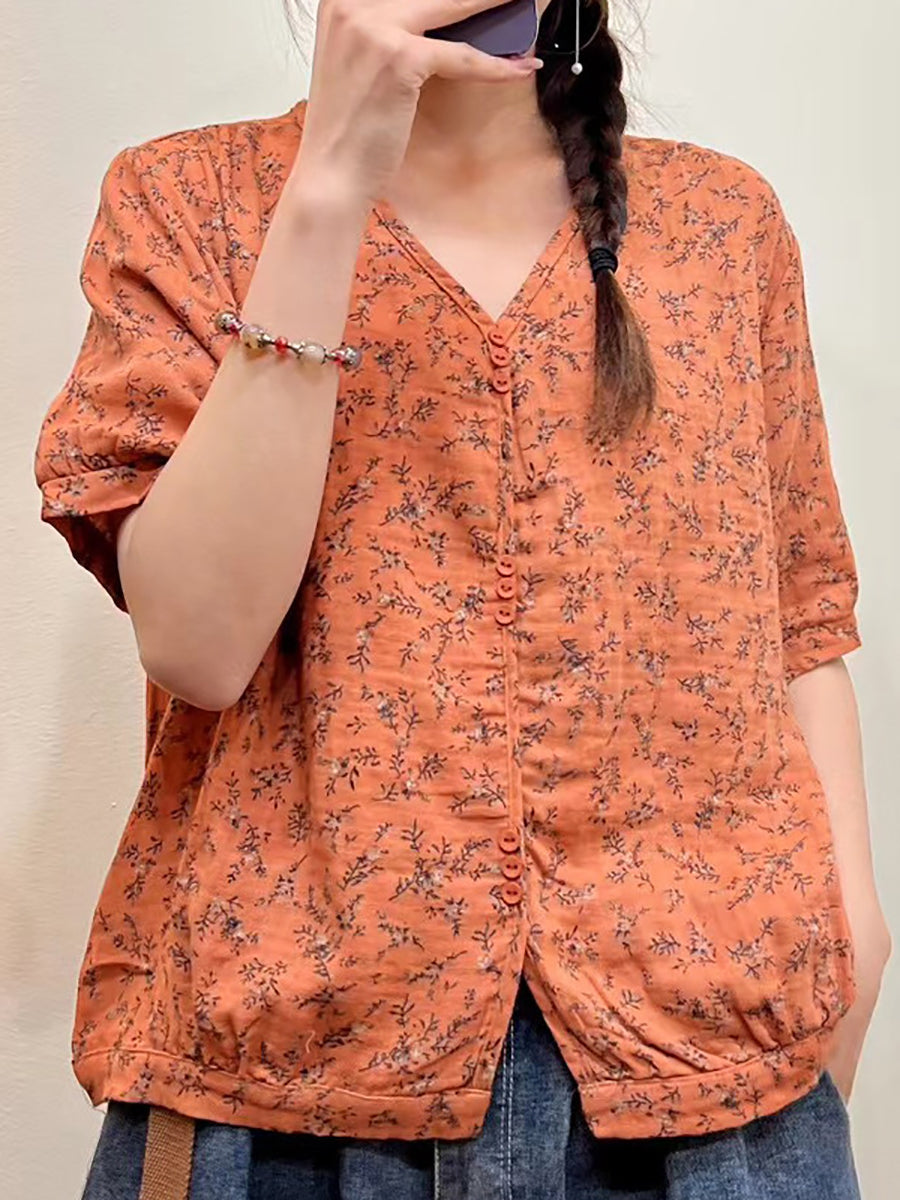 Übergröße Damen Sommer Blumen lässig Knopf lose Bluse