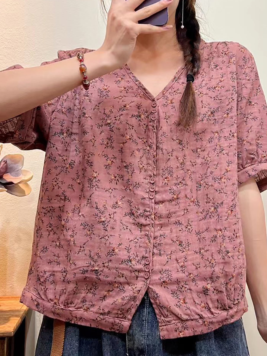 Übergröße Damen Sommer Blumen lässig Knopf lose Bluse