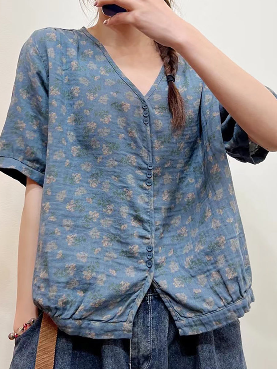 Übergröße Damen Sommer Blumen lässig Knopf lose Bluse