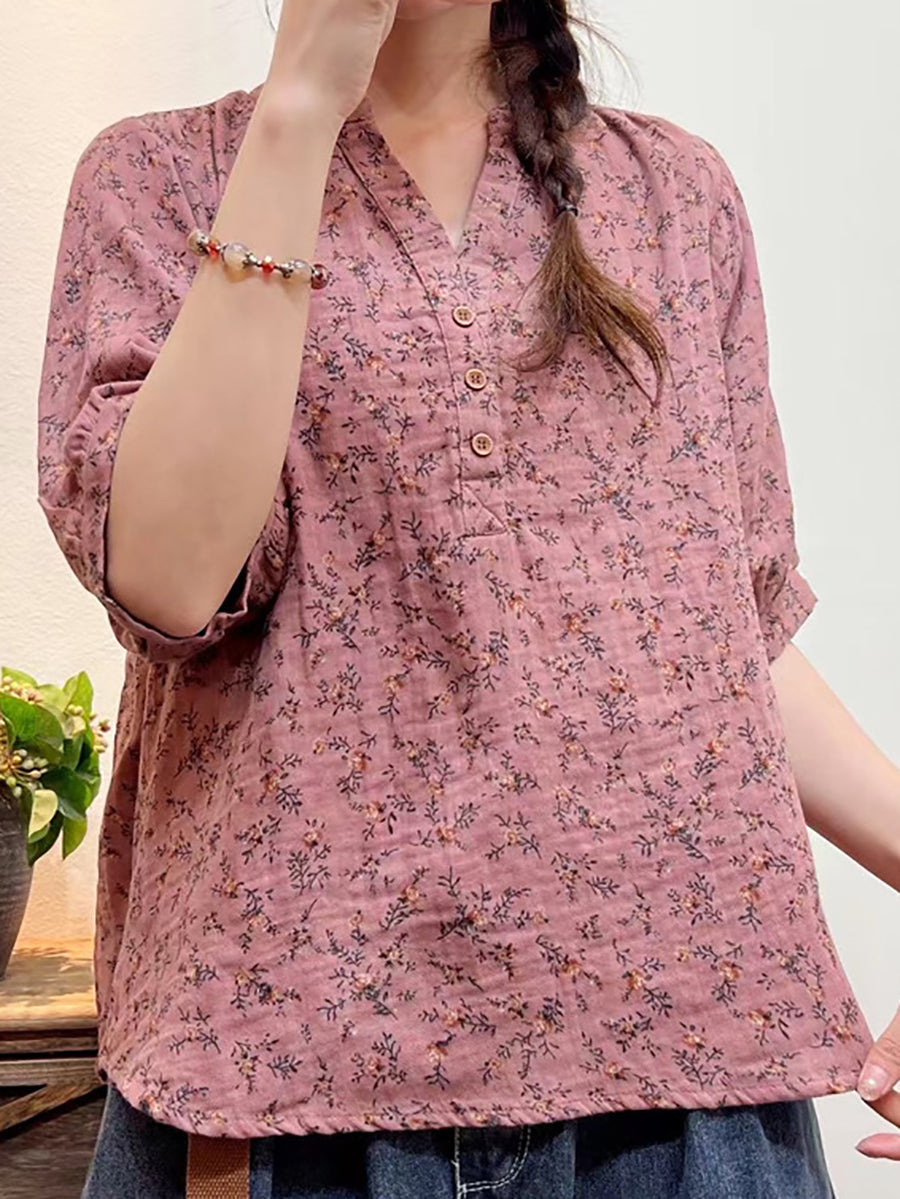 Übergröße Damen Sommer Kunstvolles Blumenmuster Lockeres Hemd mit Knopf