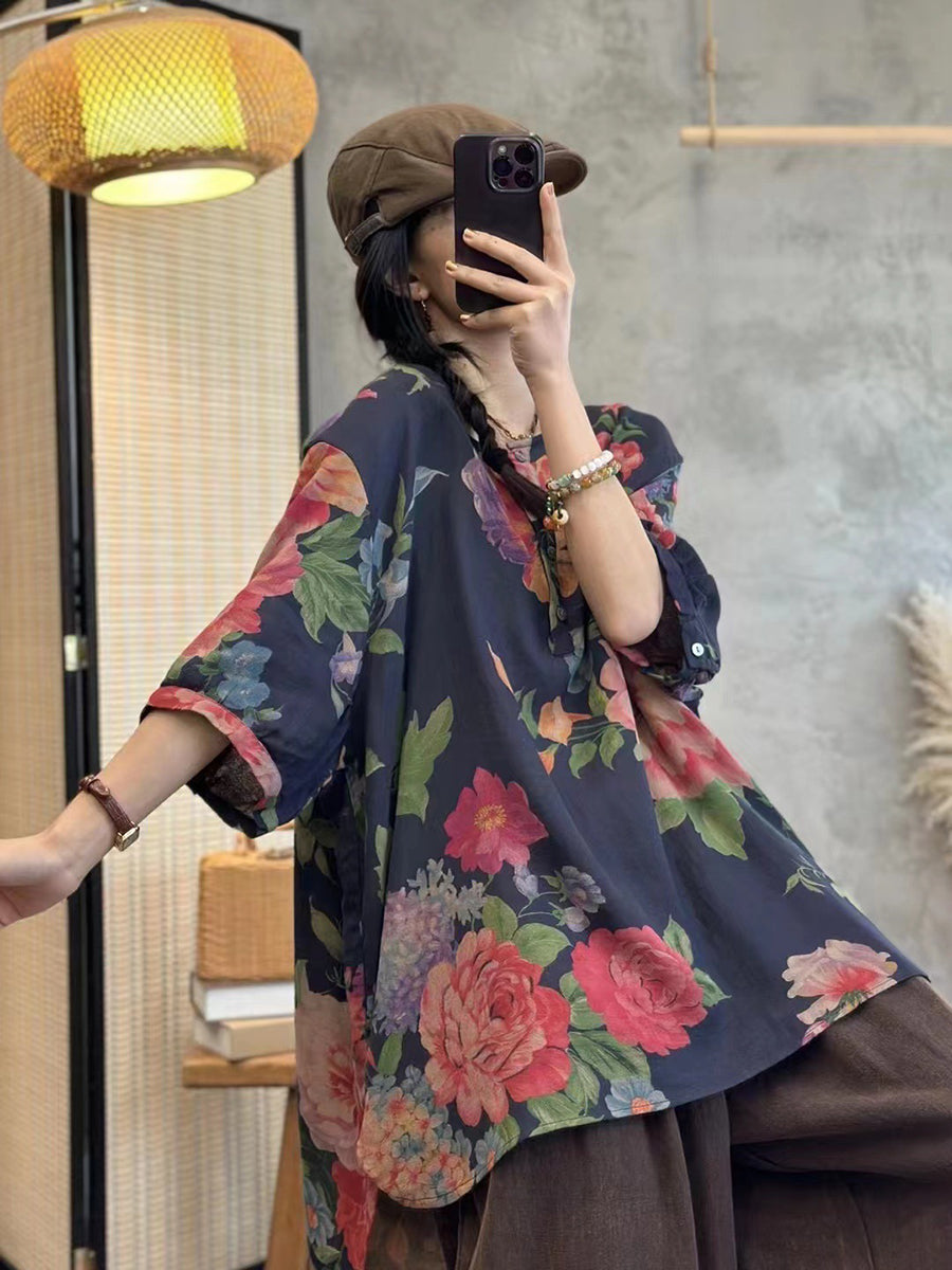 Übergröße Damen Sommer Casual Blumenknopf Lockeres Pullover Shirt