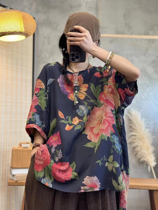 Übergröße Damen Sommer Casual Blumenknopf Lockeres Pullover Shirt
