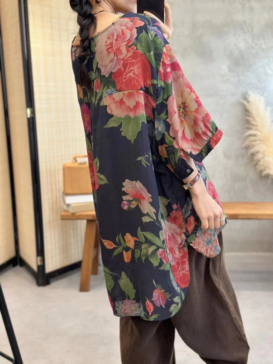 Übergröße Damen Sommer Casual Blumenknopf Lockeres Pullover Shirt
