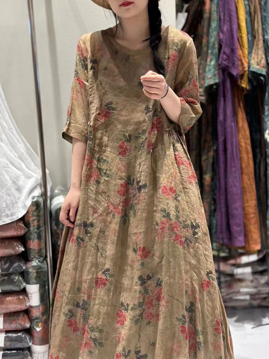 Übergröße Damen Retro Blumen drapiertes Ramie Kleid mit großem Saum
