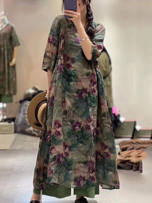 Übergröße Damen Retro Blumen drapiertes Ramie Kleid mit großem Saum