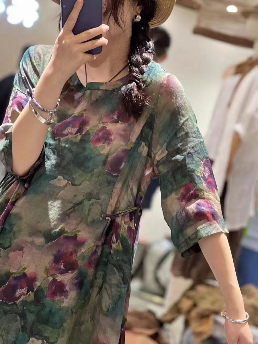 Übergröße Damen Retro Blumen drapiertes Ramie Kleid mit großem Saum