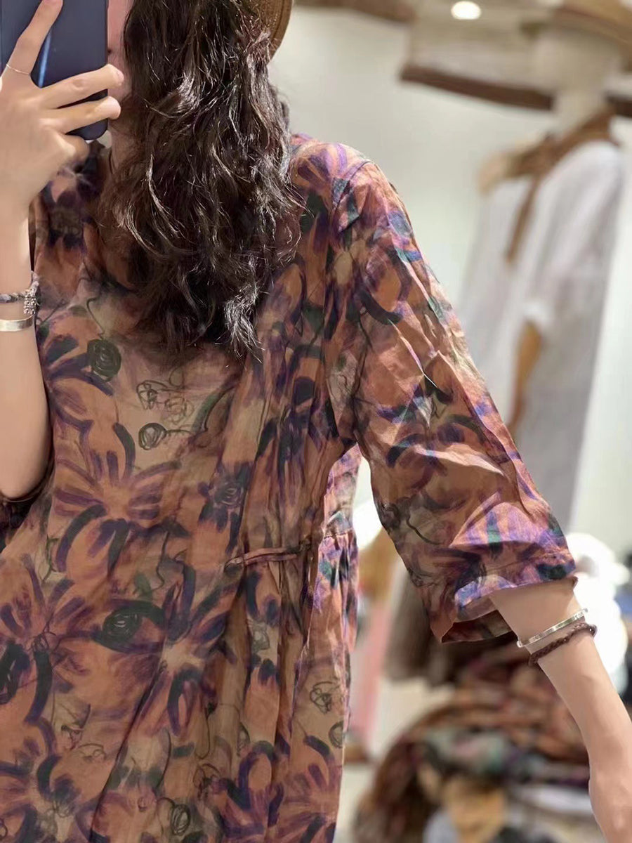 Übergröße Damen Retro Blumen drapiertes Ramie Kleid mit großem Saum