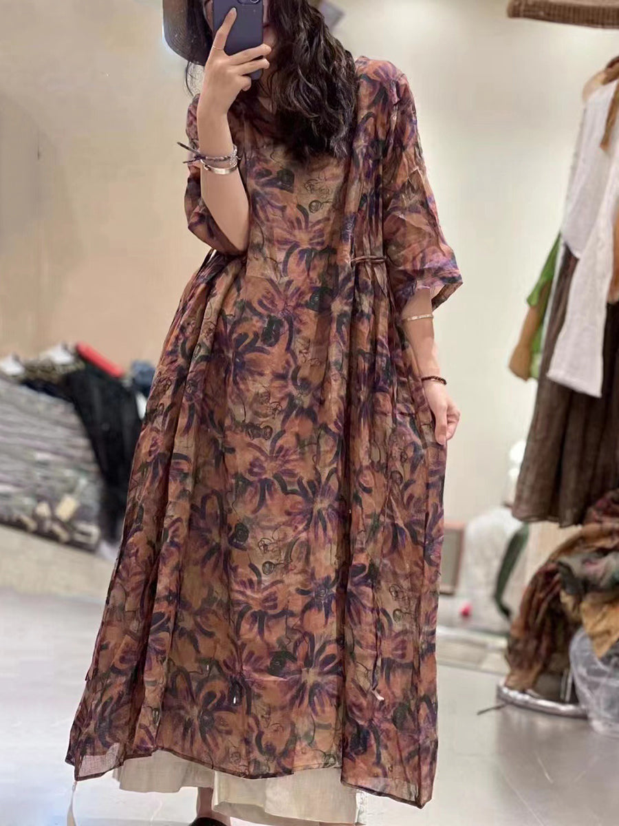 Übergröße Damen Retro Blumen drapiertes Ramie Kleid mit großem Saum