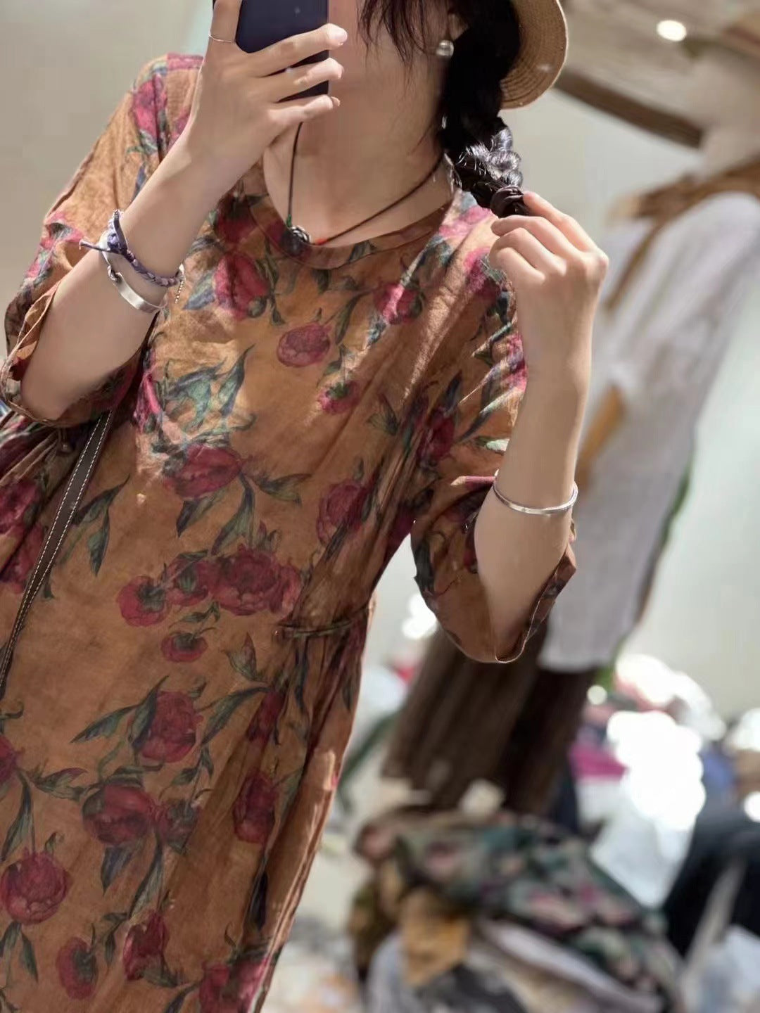 Übergröße Damen Retro Blumen drapiertes Ramie Kleid mit großem Saum