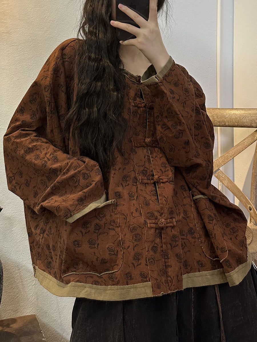 Chemise boutonnée à poches épissées à fleurs vintage pour femmes grande taille