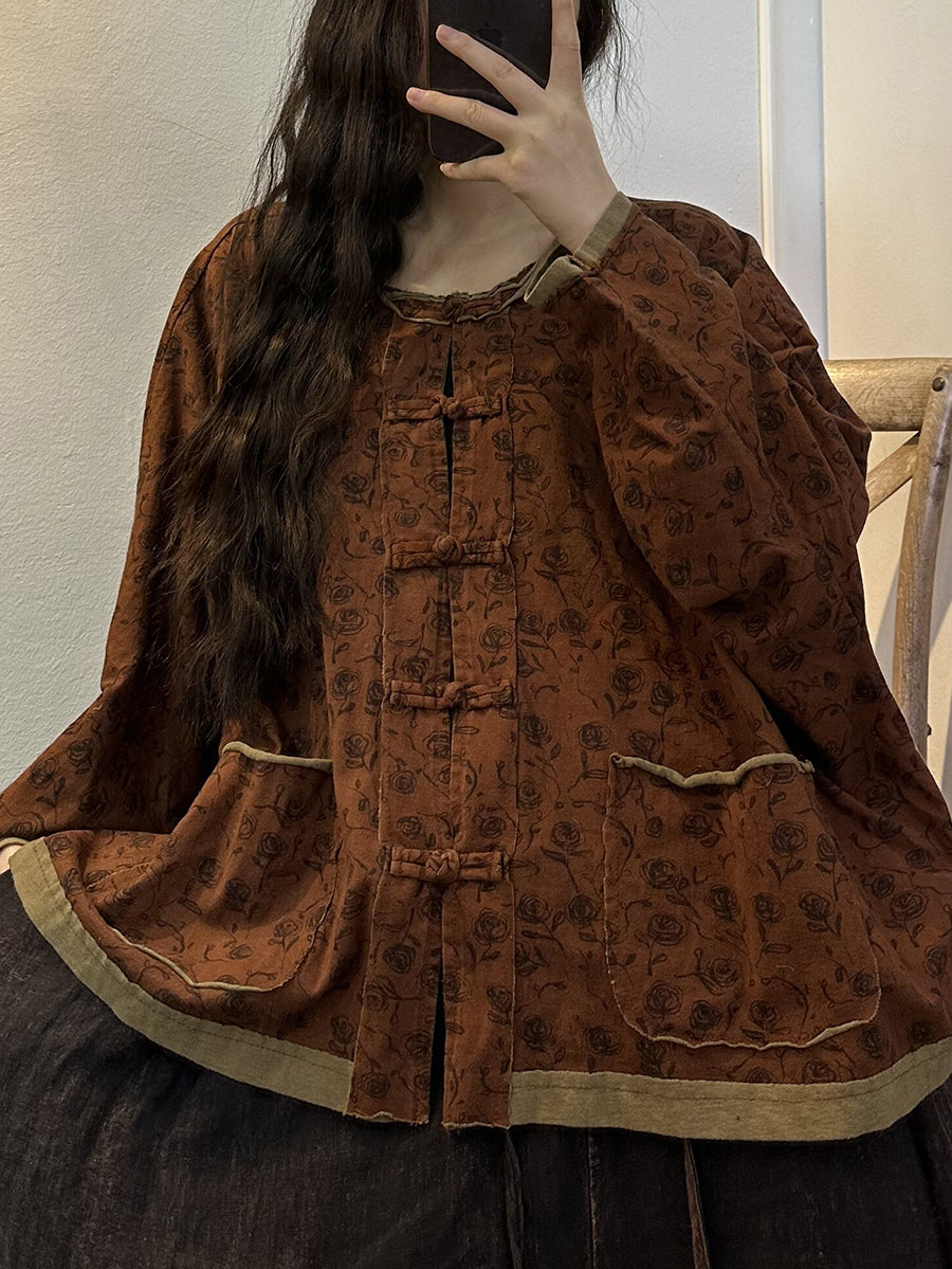 Chemise boutonnée à poches épissées à fleurs vintage pour femmes grande taille