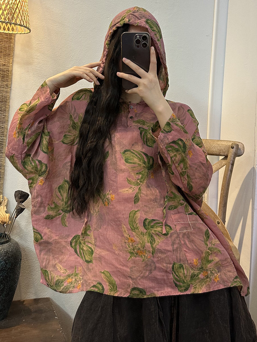 Übergröße Damen Retro Blumen Knopf Kordelzug Kapuzenshirt
