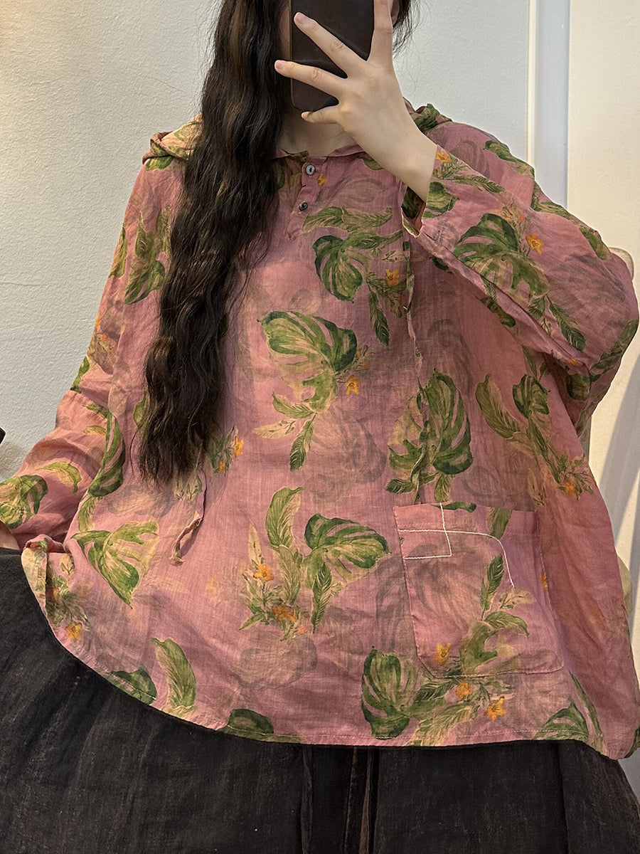 Übergröße Damen Retro Blumen Knopf Kordelzug Kapuzenshirt