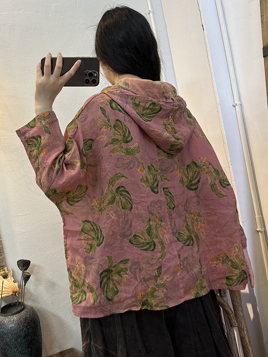 Übergröße Damen Retro Blumen Knopf Kordelzug Kapuzenshirt