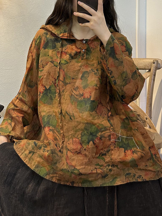 Übergröße Damen Retro Blumen Knopf Kordelzug Kapuzenshirt