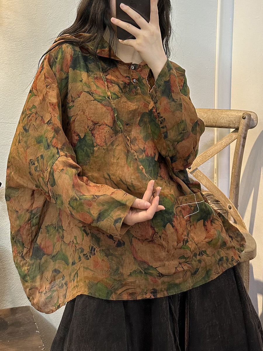 Übergröße Damen Retro Blumen Knopf Kordelzug Kapuzenshirt