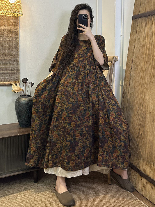 Übergröße Damen Sommer Vintage Blumen Falten Lockeres Kleid