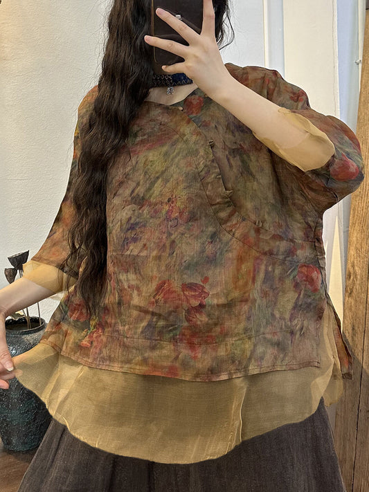 Übergröße Damen Vintage Blumen Knopfleiste Hemd