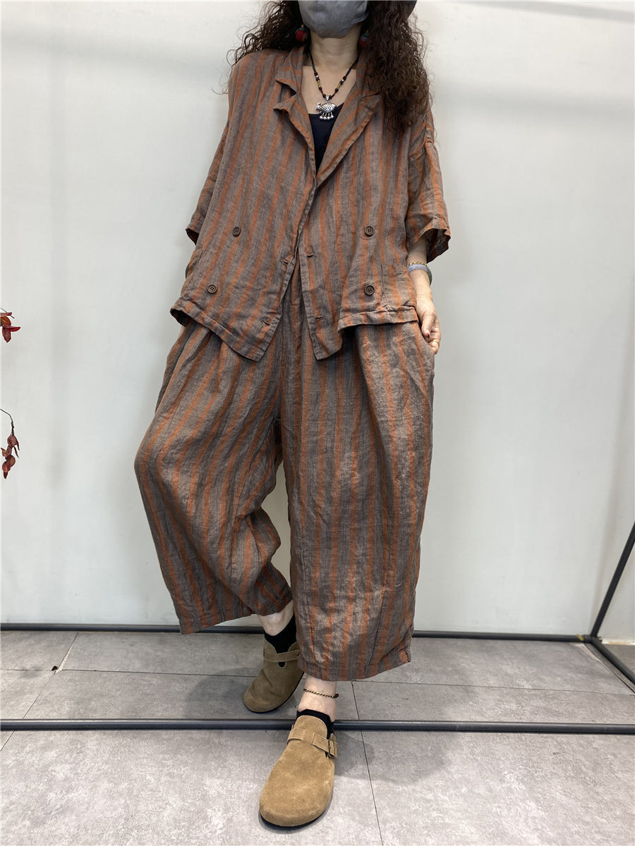 Plus Size Damen Sommer Retro Streifen Knopf Lose Leinenanzüge