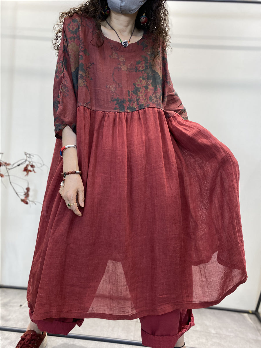 Übergröße Damen Retro Blumen Spliced ​​Plissee Loose Ramie Kleid