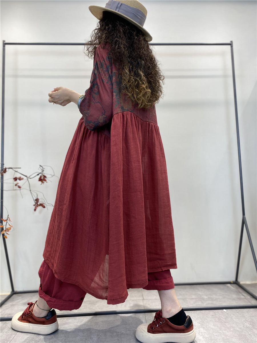 Übergröße Damen Retro Blumen Spliced ​​Plissee Loose Ramie Kleid