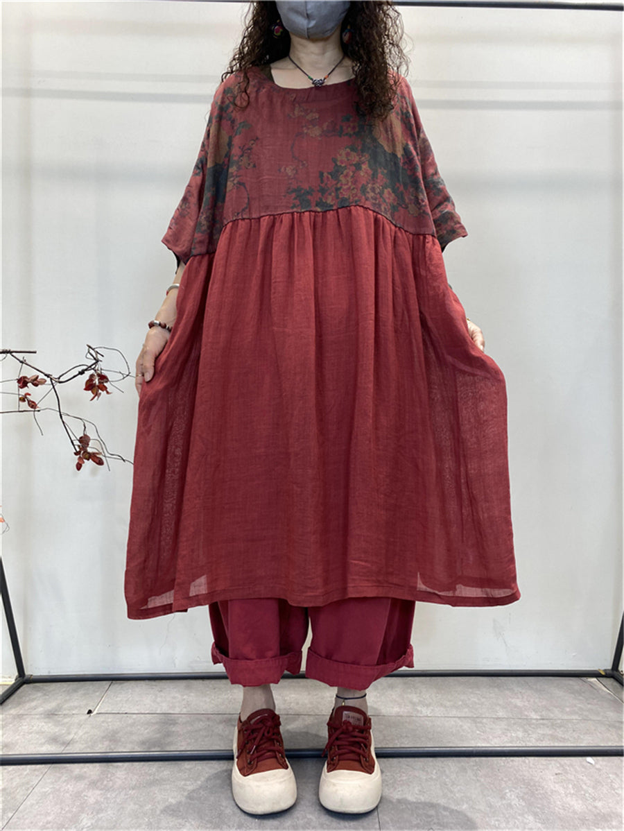 Übergröße Damen Retro Blumen Spliced ​​Plissee Loose Ramie Kleid