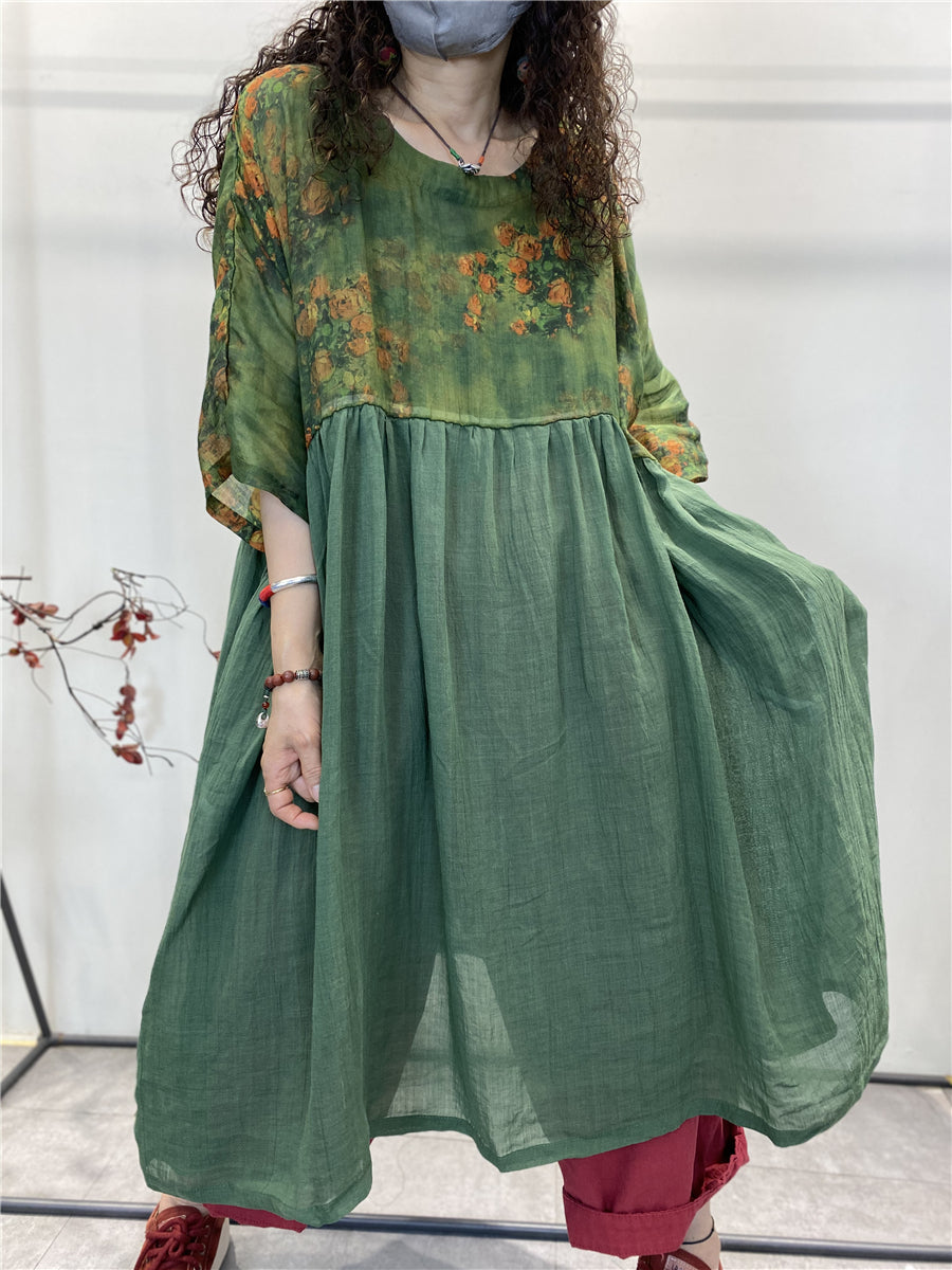 Übergröße Damen Retro Blumen Spliced ​​Plissee Loose Ramie Kleid