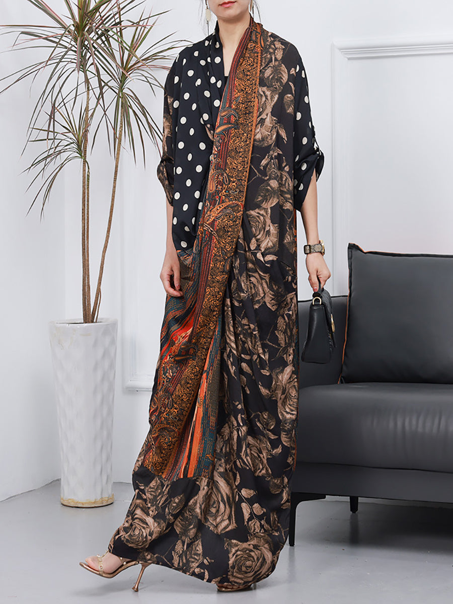 Plus Size Damen Sommer Retro Blumen Dot Gespleißtes langes Kleid