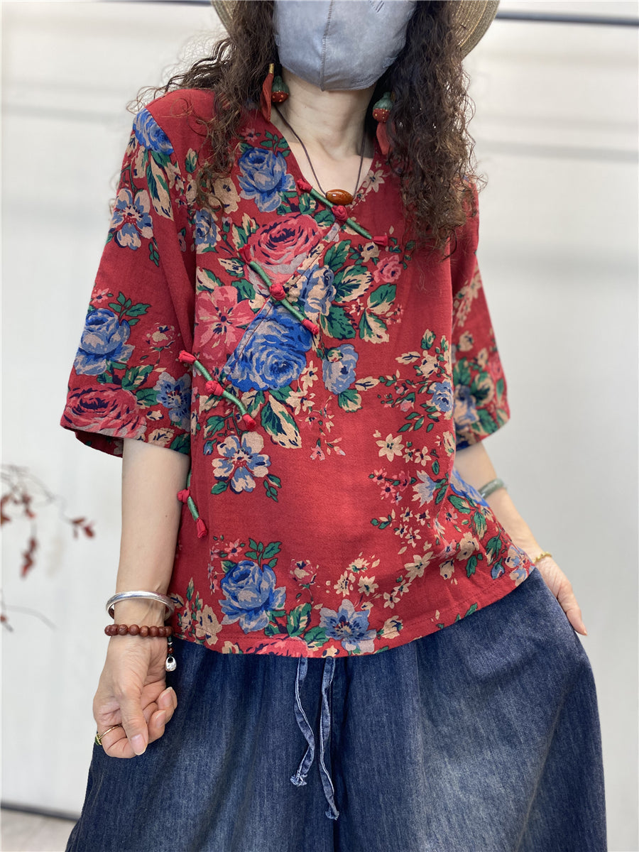 Übergröße Damen Sommer Retro Blumen Lose Baumwollbluse