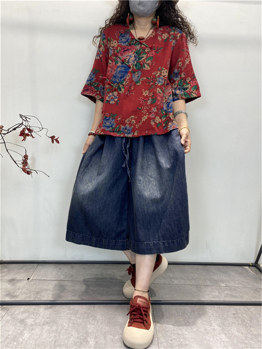 Übergröße Damen Sommer Retro Blumen Lose Baumwollbluse