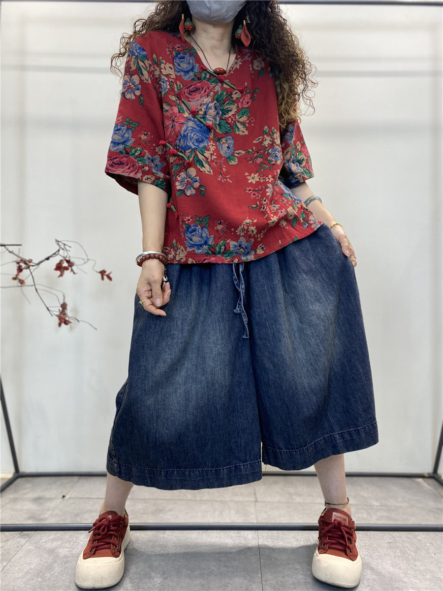 Übergröße Damen Sommer Retro Blumen Lose Baumwollbluse
