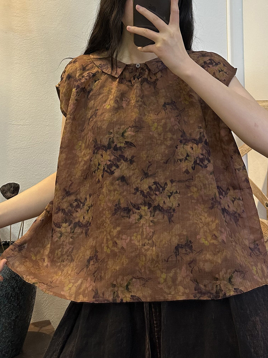Übergröße Damen Sommer Vintage Blumenknopf Ramie Shirt