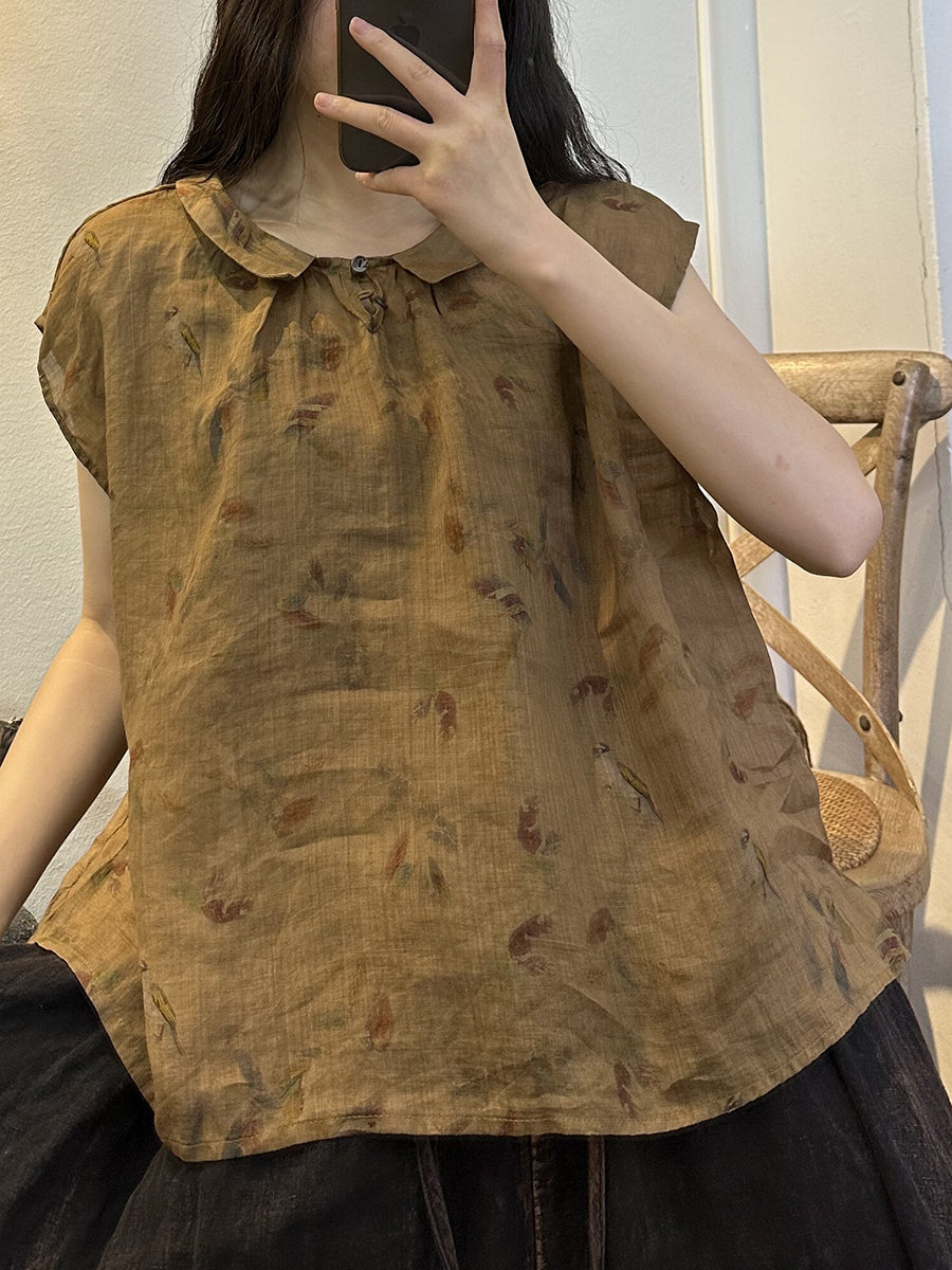 Übergröße Damen Sommer Vintage Blumenknopf Ramie Shirt