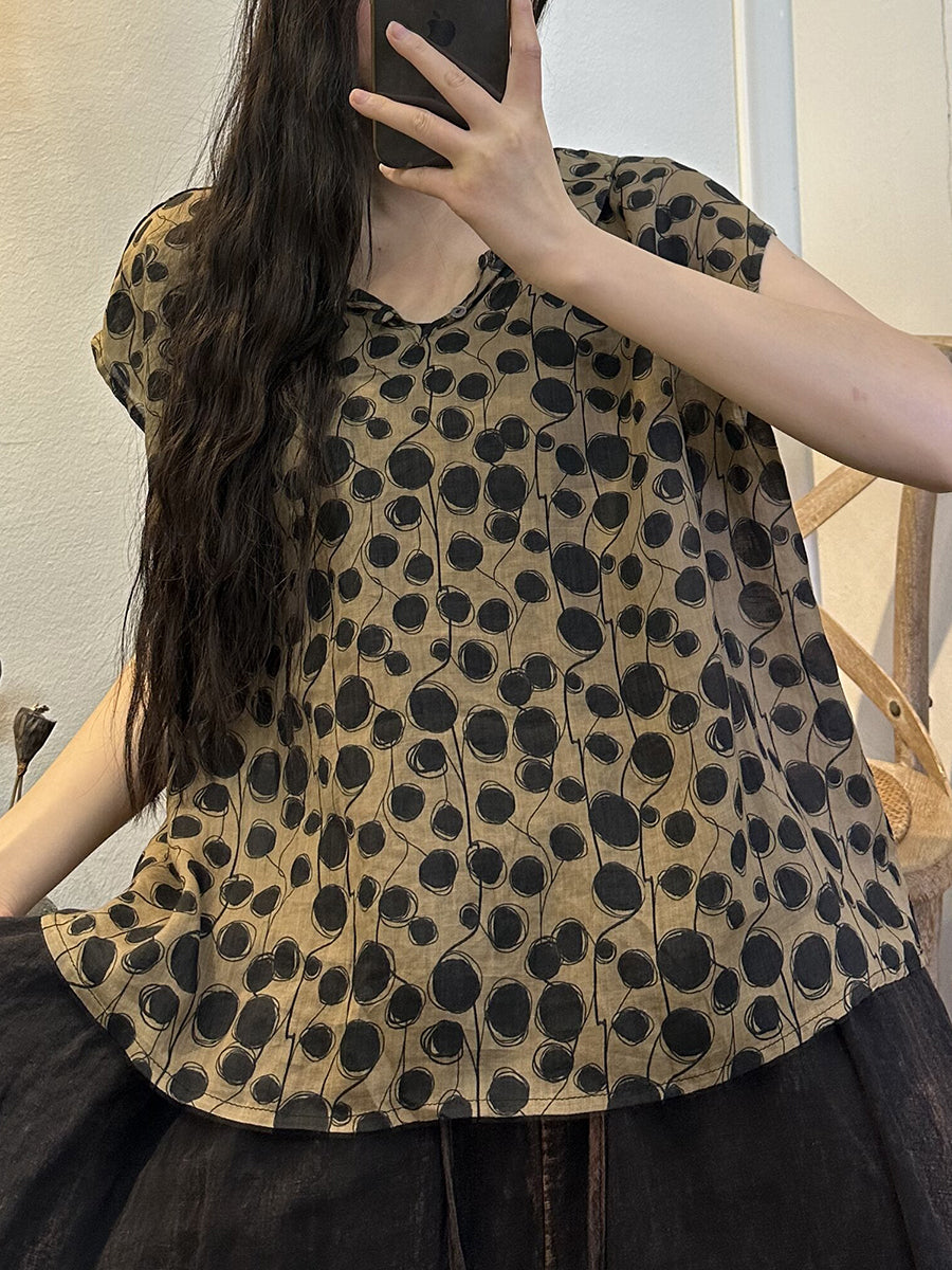 Übergröße Damen Sommer Vintage Blumenknopf Ramie Shirt
