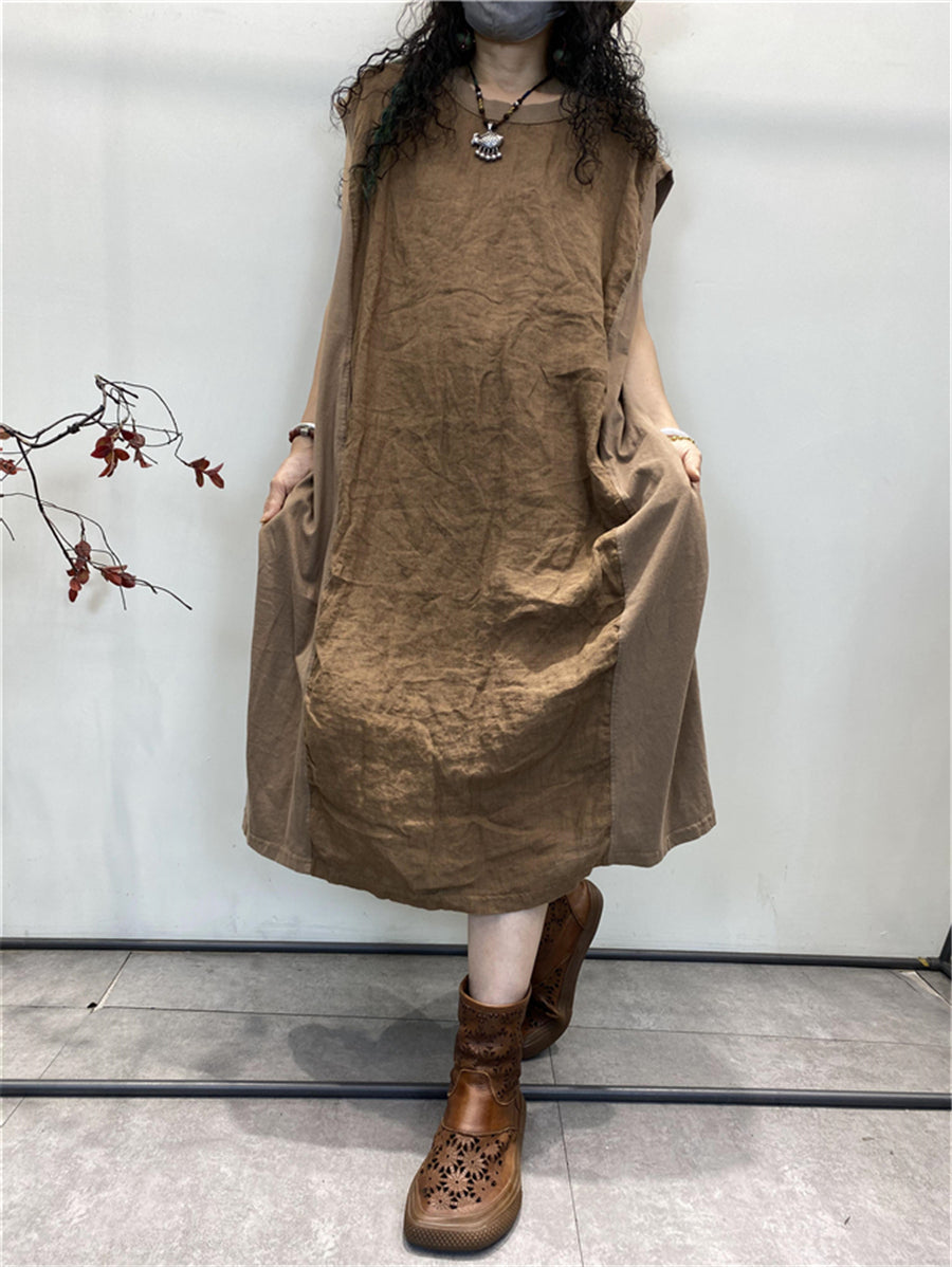 Plus Size Damen Sommer Vintage Gespleißtes Lockeres Baumwollwestenkleid