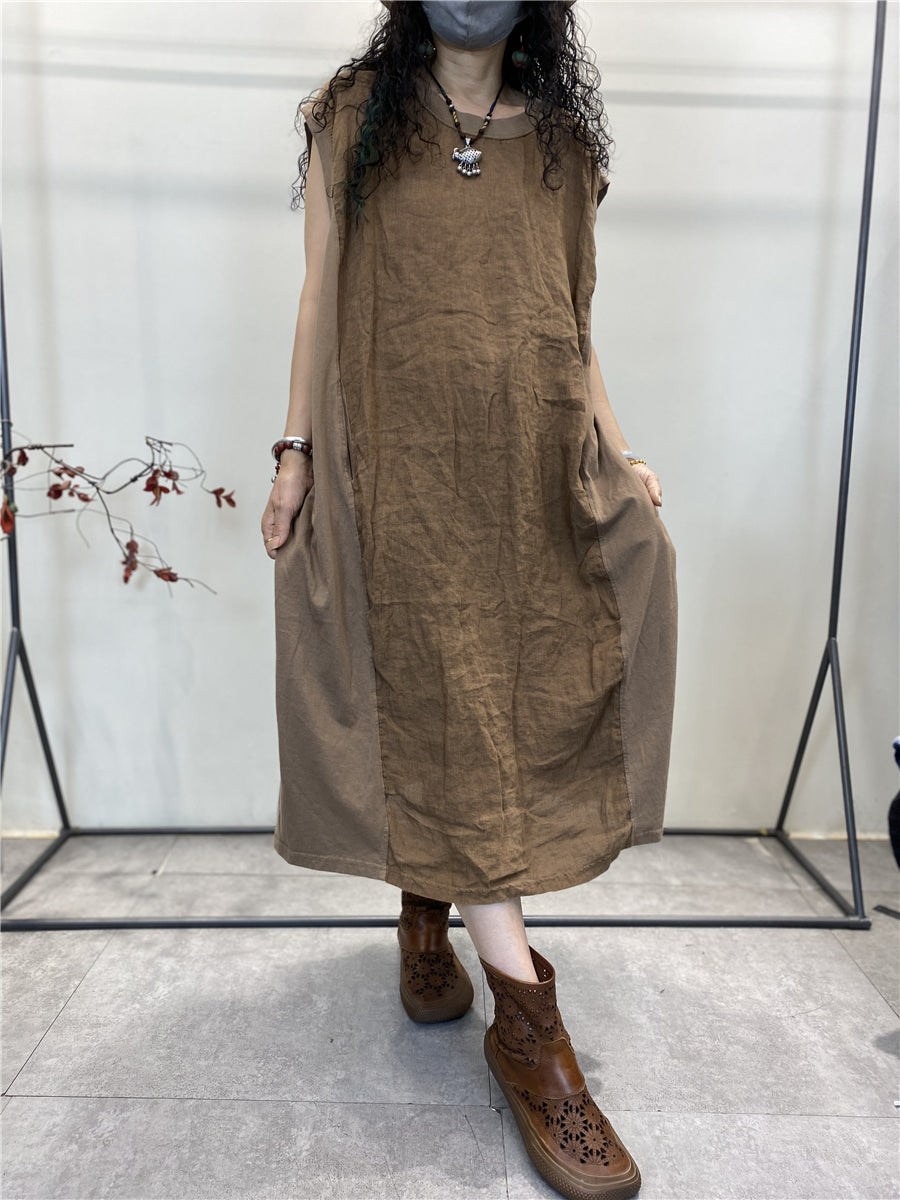 Plus Size Damen Sommer Vintage Gespleißtes Lockeres Baumwollwestenkleid