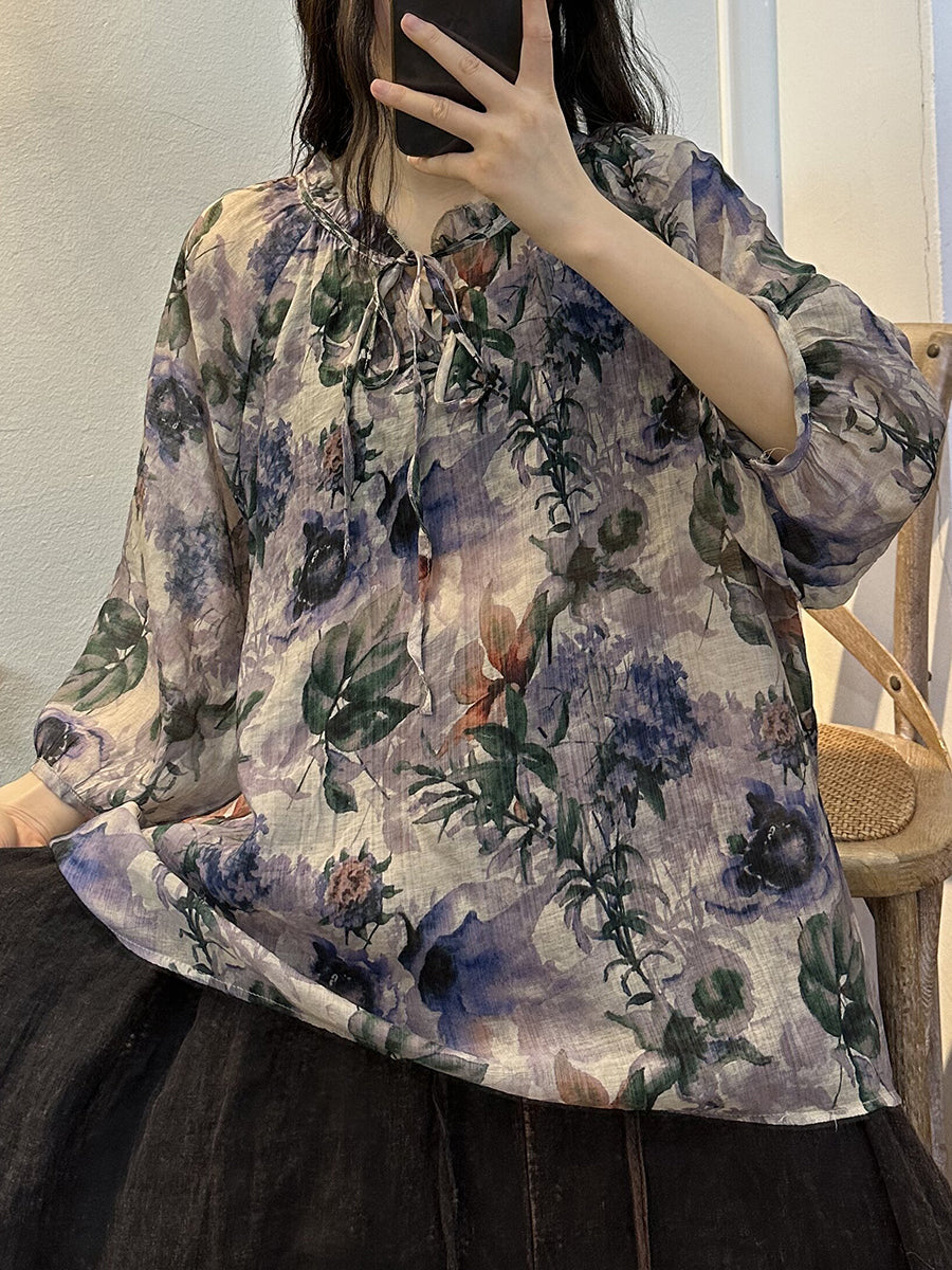 Übergröße Damen Vintage Sommer Blumen Kordelzug dünnes Hemd